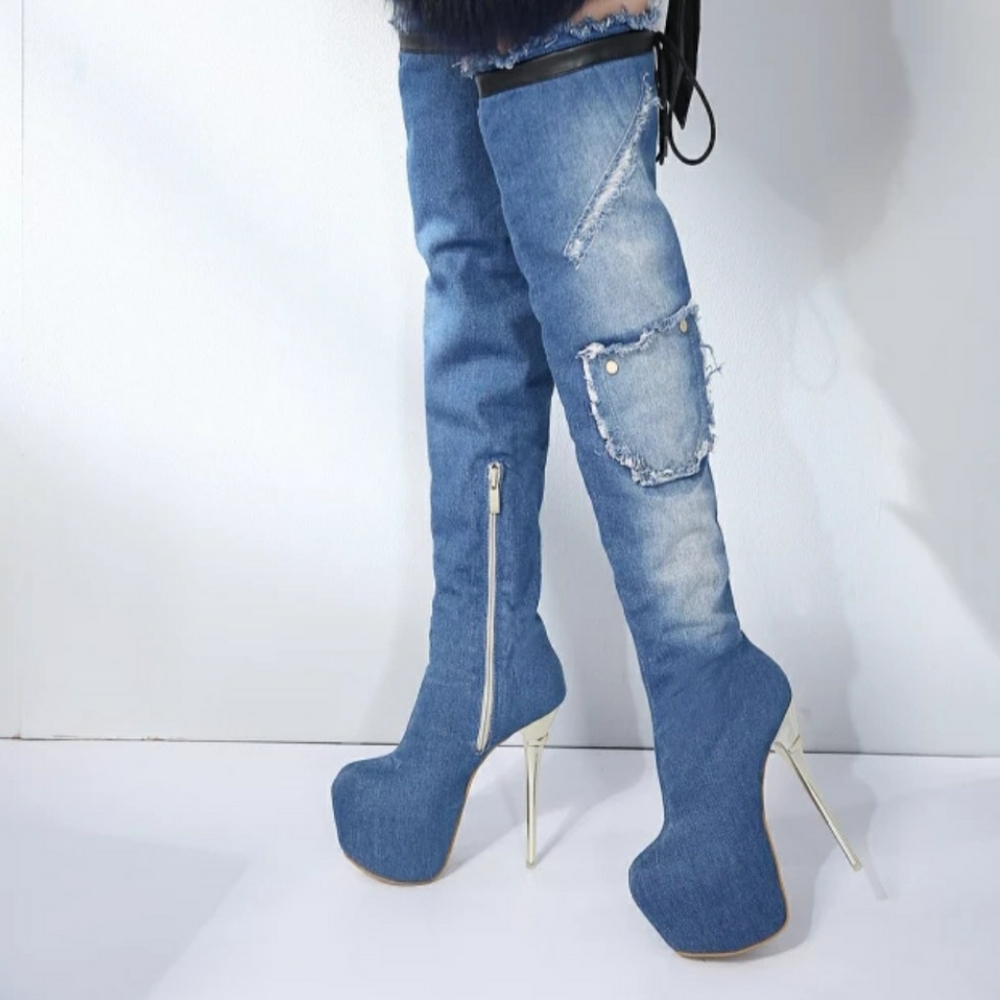 Denim Platform Stiletto Thigh High Boots